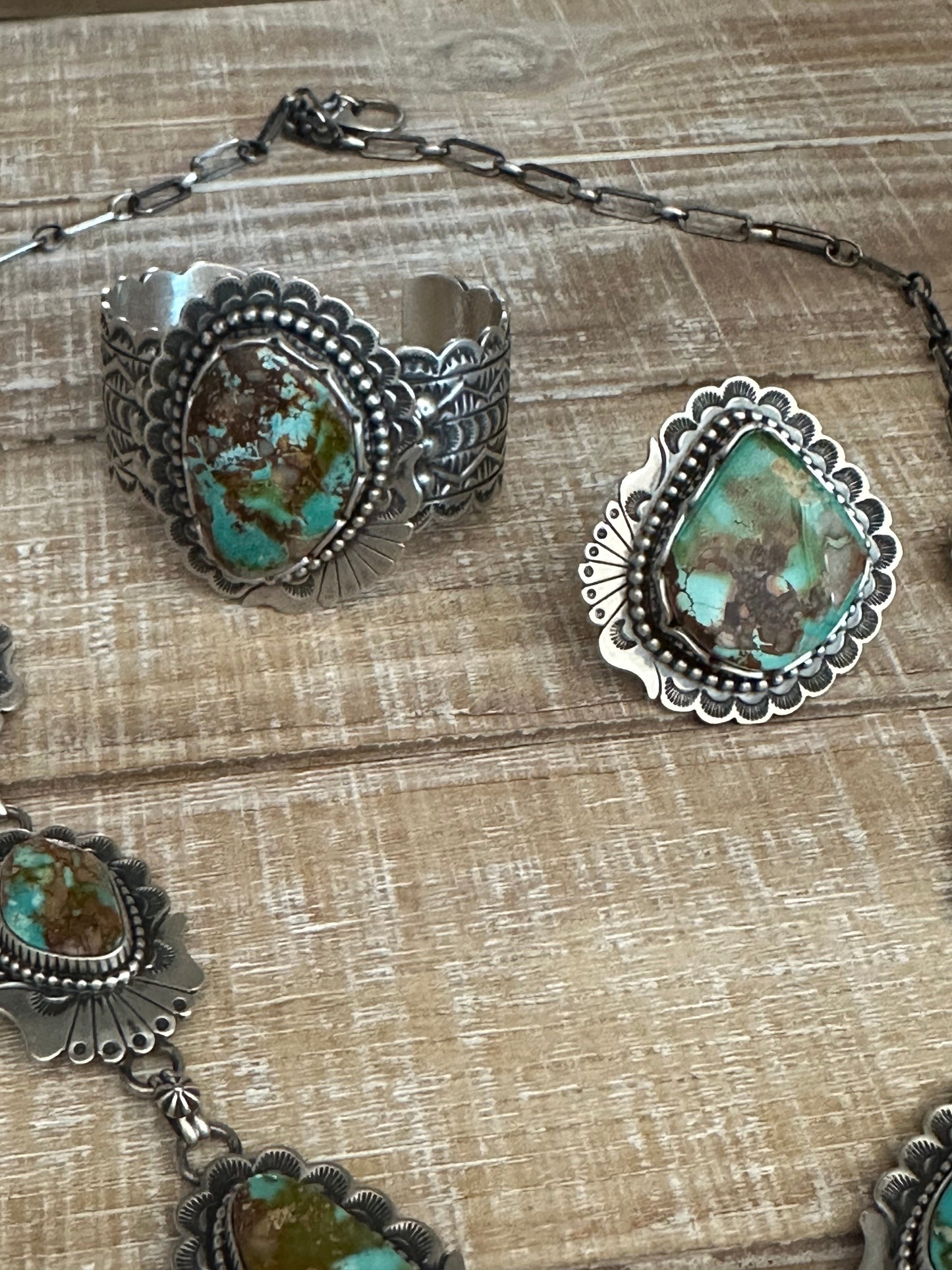 Charles Johnson Handcrafted Royston Turquoise & Sterling Silver Necklace, Bracelet and Ring Set Signed