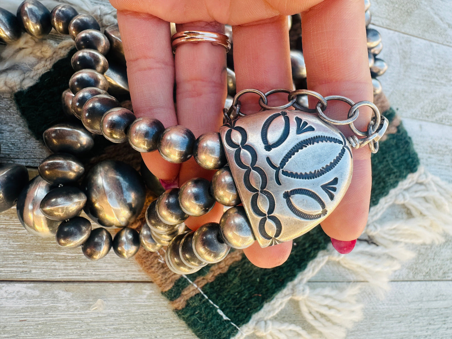 Handcrafted Triple Strand Sterling Silver Pearl Beaded Necklace by Rose Martin