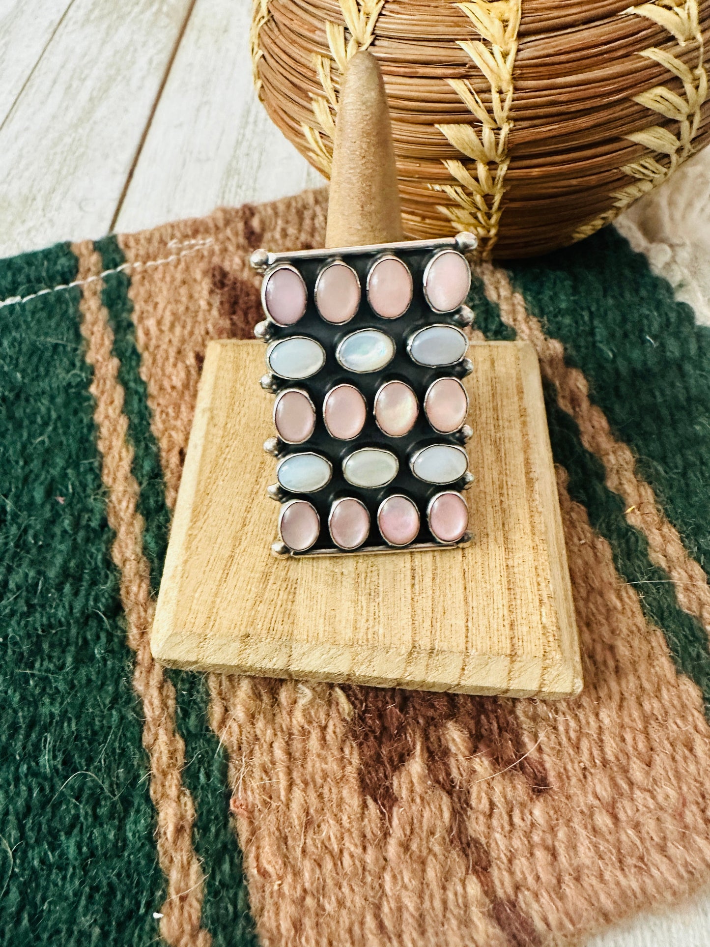 Handcrafted Mother of Pearl & Sterling Silver Ring Size 7.5 by Jacqueline Silver