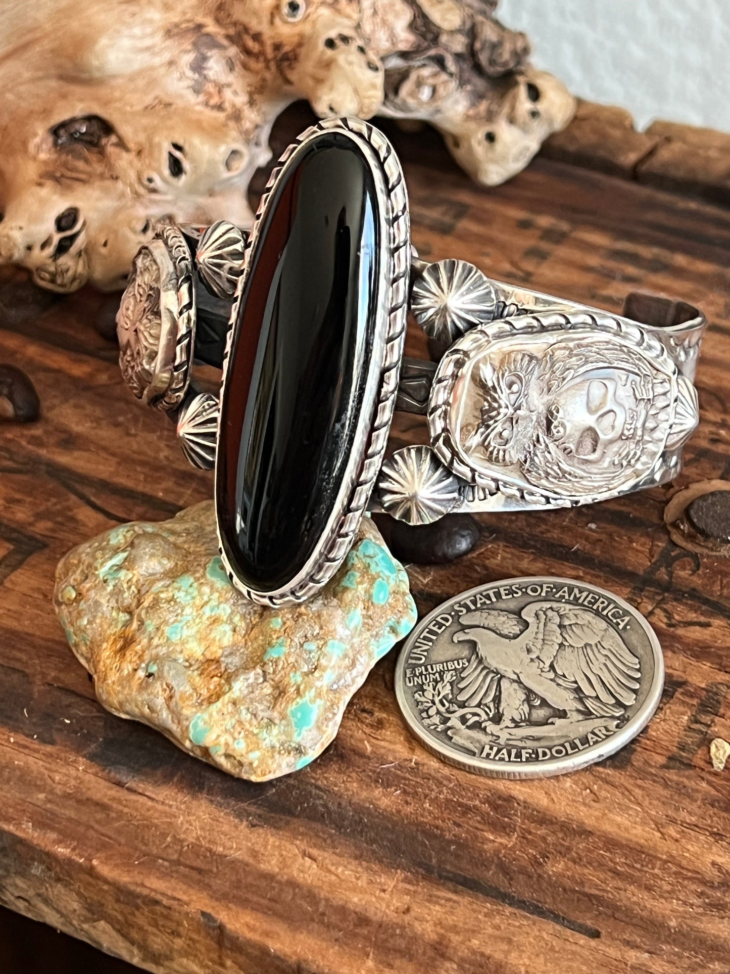 Sterling Silver Handcrafted Cuff Bracelet with Onyx, Owl and Skull Detail, Taller Stone
