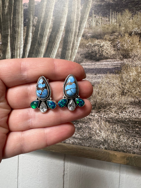 Handmade Golden Hills Turquoise, Fire Opal, CZ and Sterling Silver Handmade Dangles