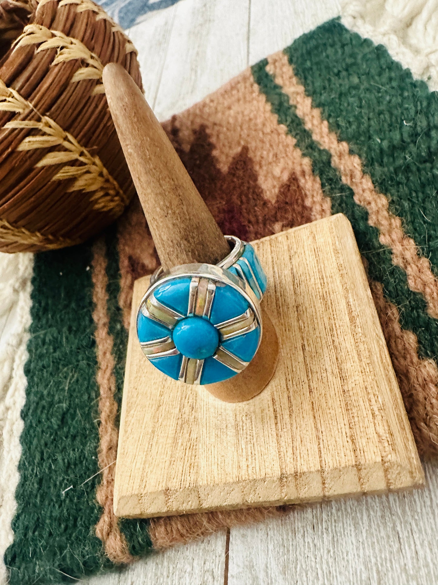 Handcrafted Sterling Silver, Turquoise & Opal Inlay Band Ring Size 7.5
