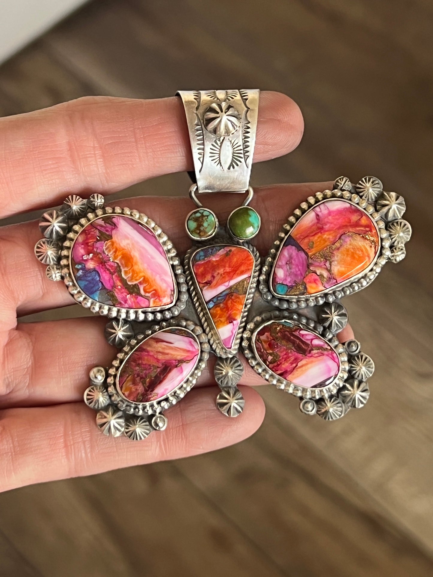 Apache Sterling Silver, Pink Dream Mohave and Turquoise Butterfly Pendant