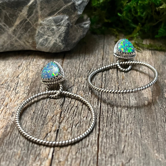 Handmade Blue Speckled Opal Sterling Silver Hoop Earrings