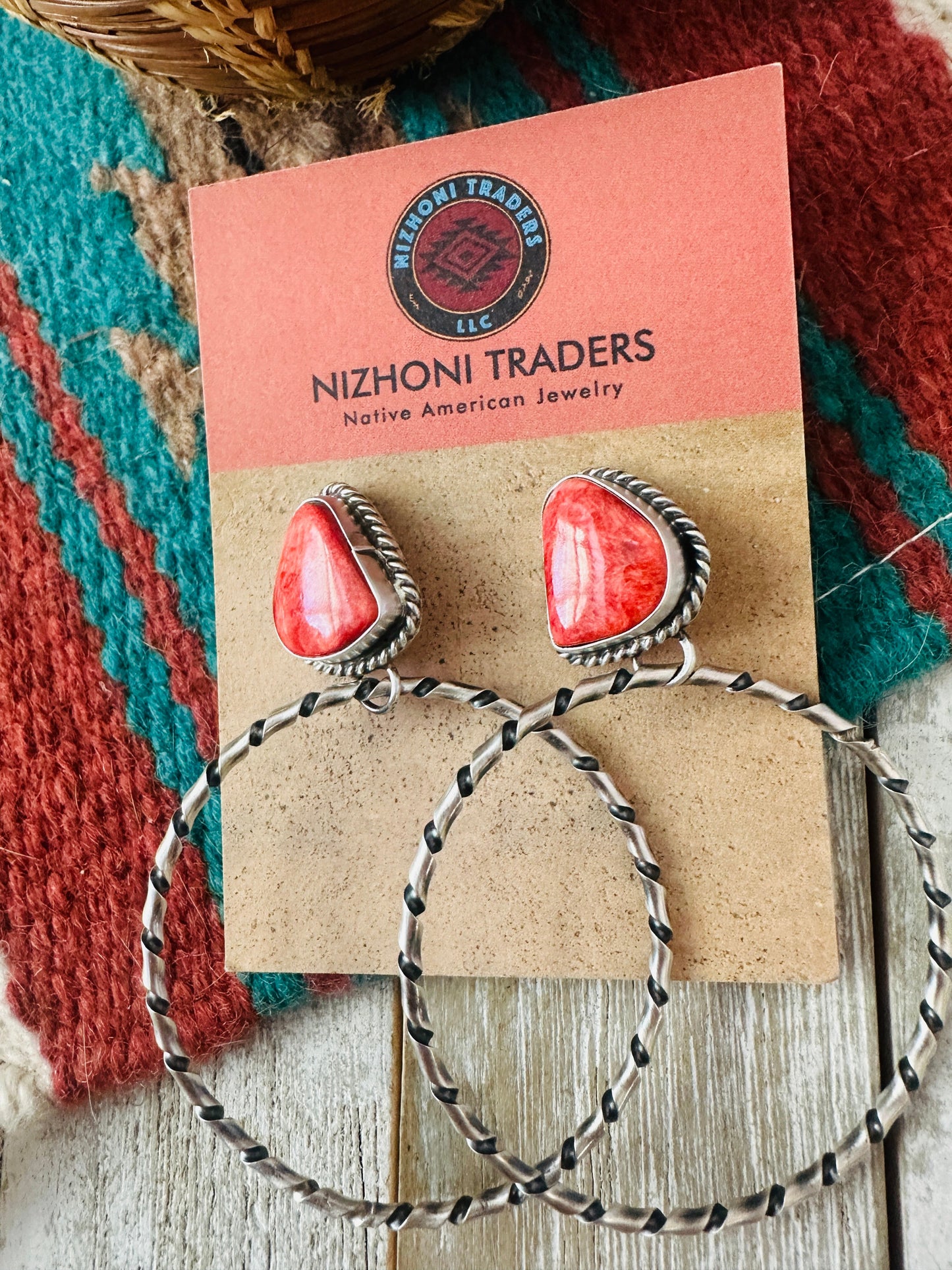 Handcrafted Orange Spiny and Sterling Silver Dangle Hoop Earrings