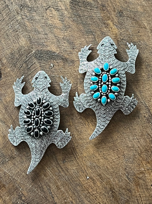 Handcrafted Sterling Silver and Stone Horned Toad Pin and Pendant by Lee Charley, Turquoise or Onyx