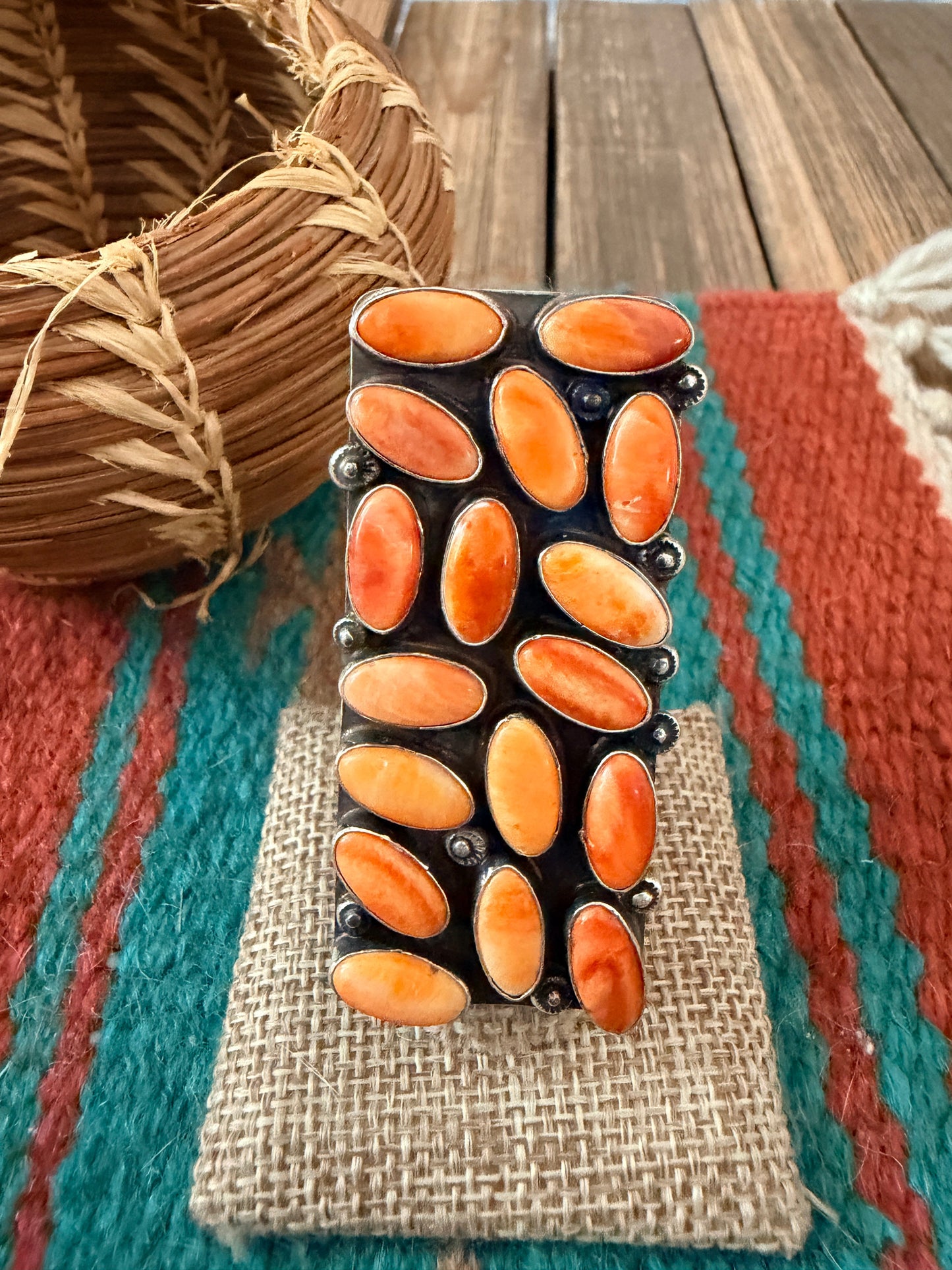 Handcrafted Orange Spiny Oyster & Sterling Silver Cluster Adjustable Ring by Jacqueline Silver