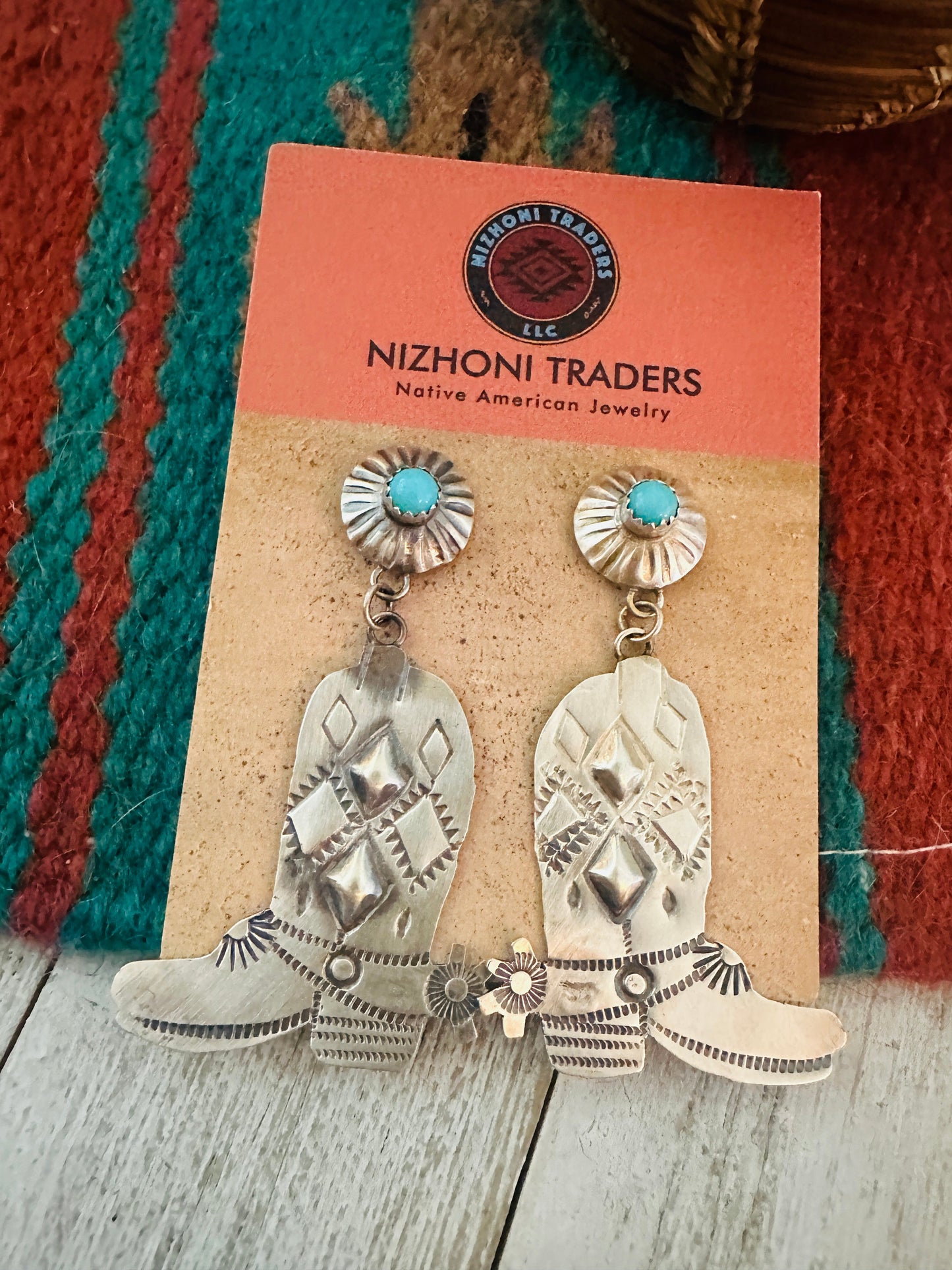 Navajo Turquoise & Sterling Silver Cowboy Boot Dangle Earrings By Tim Yazzie