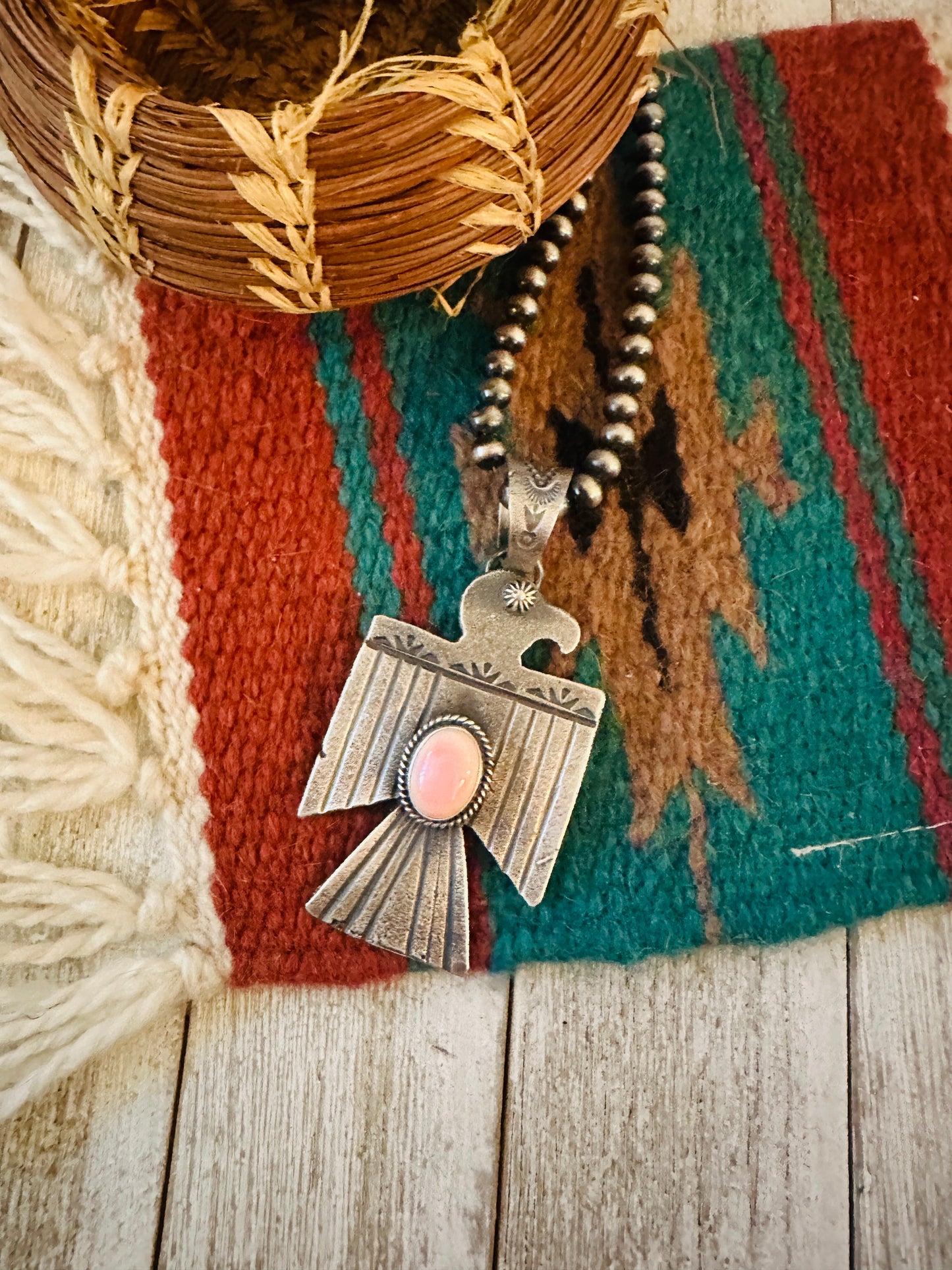 Handcrafted Sterling Silver & Queen Pink Conch Thunderbird Pendant by Kevin Billah