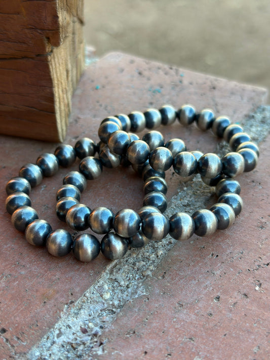 Handmade Sterling Silver 10mm Beaded Elastic Bracelet