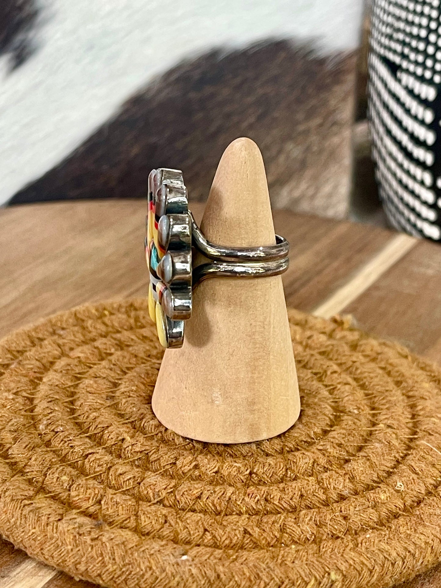 Handmade Sterling Silver & Multi Stone Sunface Adjustable Ring