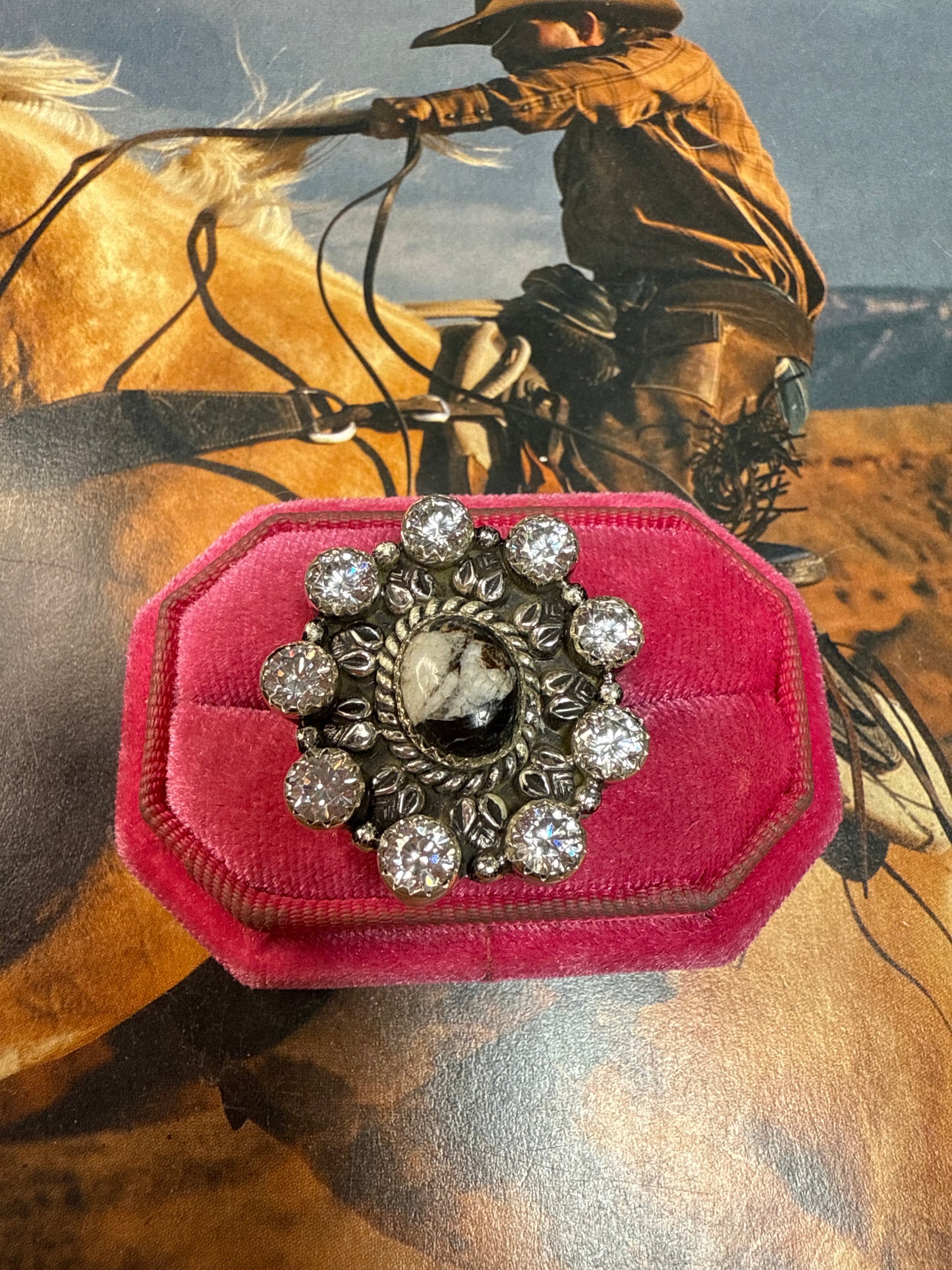 Handmade White Buffalo, CZ And Sterling Silver Adjustable Ring