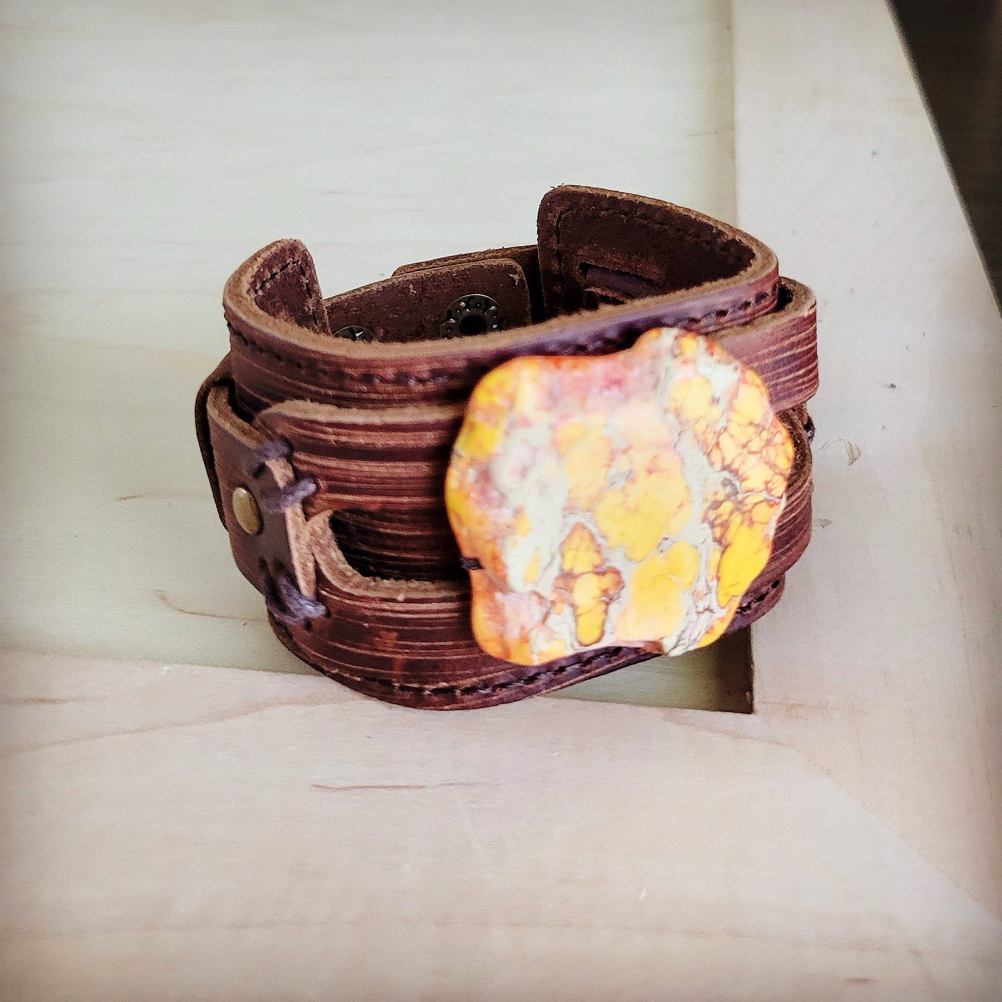 Genuine Leather Wide Cuff Bracelet w/ Orange Regalite Slab 007e