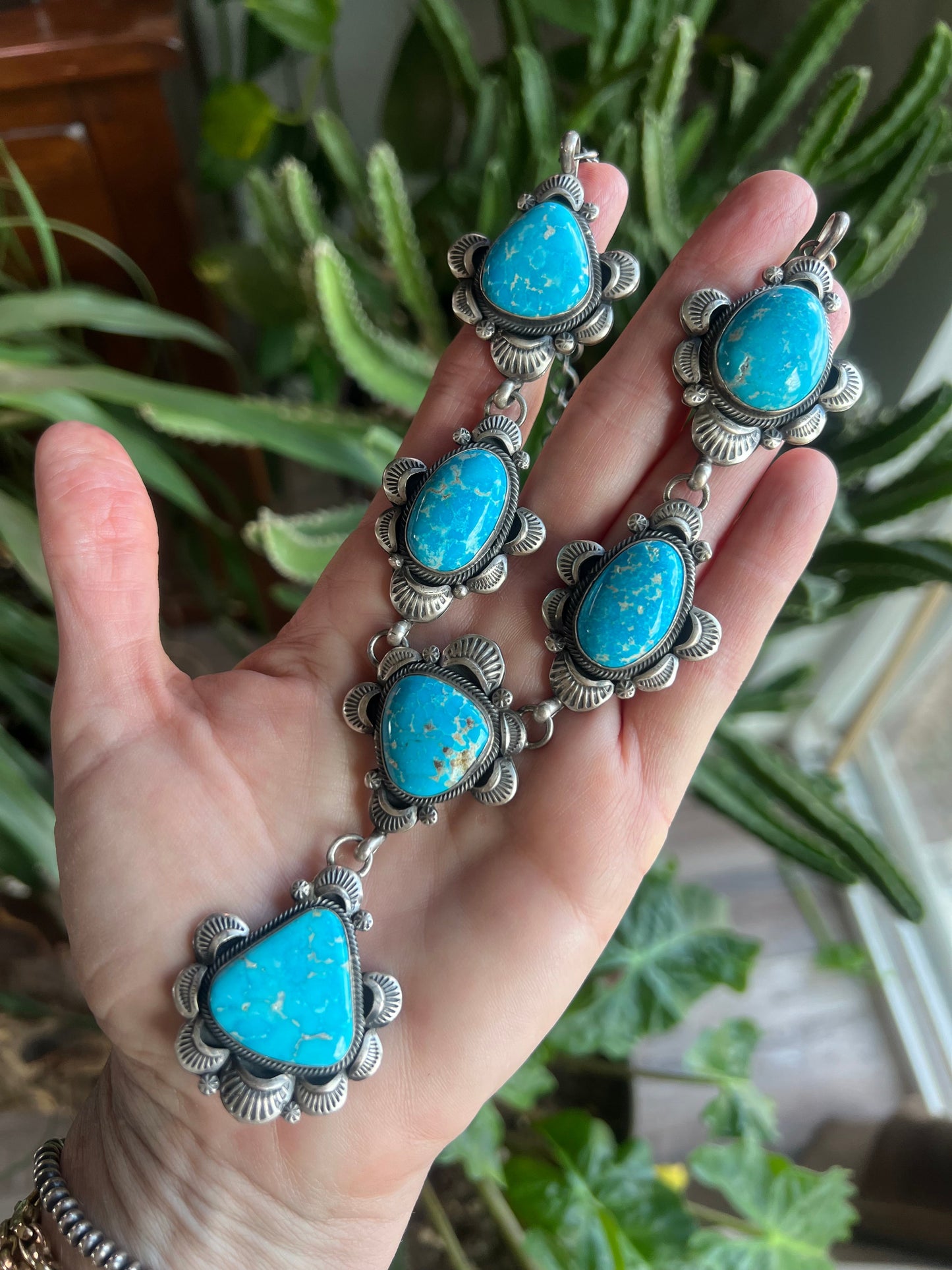 Handcrafted Stellar Sterling Silver and Whitewater Turquoise  Necklace and Earrings Set by Gilbert Tom