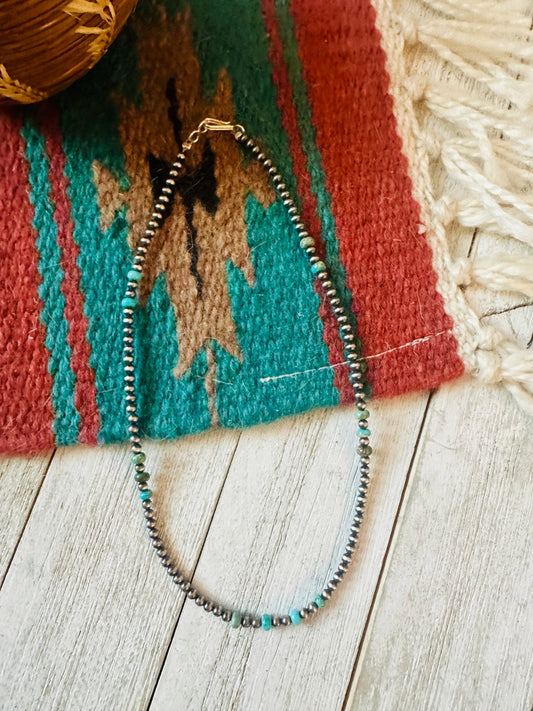 Turquoise & Sterling Silver 14” Beaded Necklace