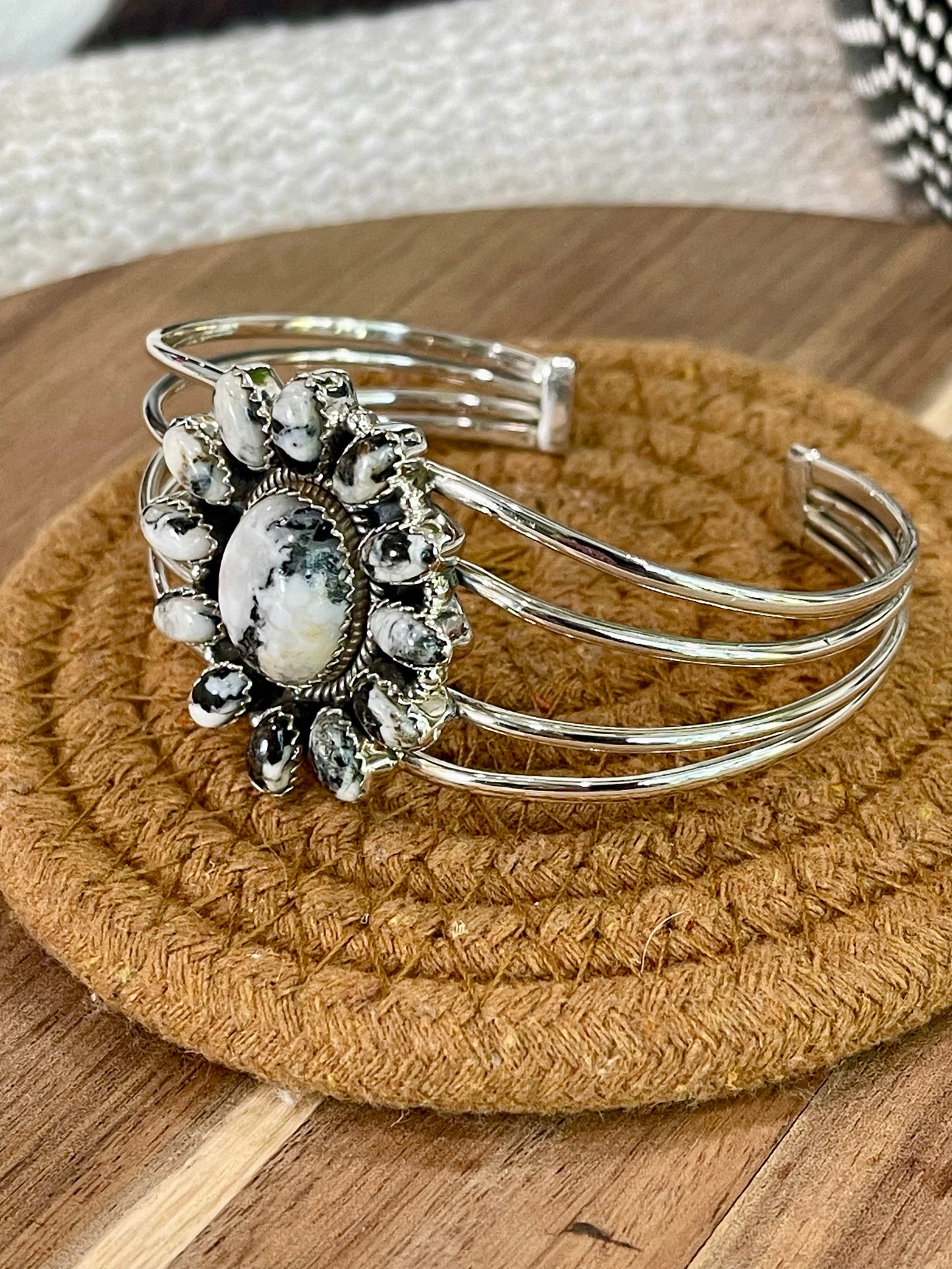 Beautiful Handmade Sterling Silver & White Buffalo Cluster Cuff Bracelet