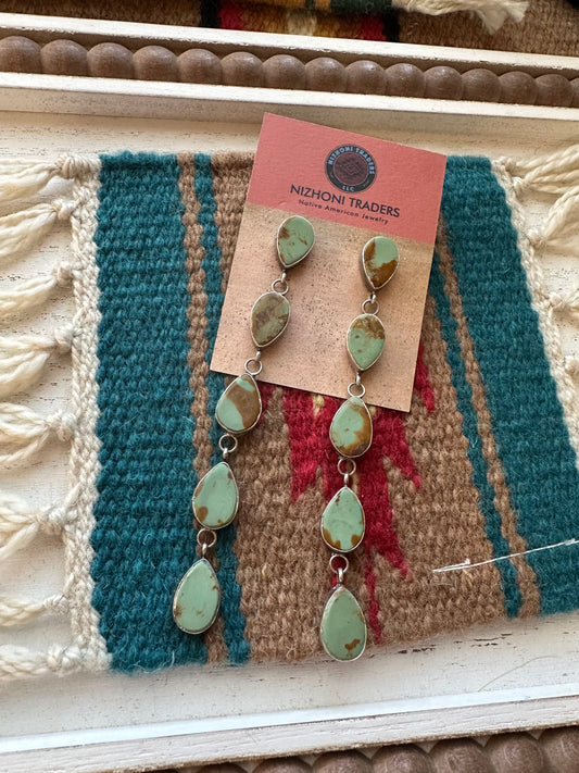 5 Stone Handcrafted Turquoise Sterling Silver Dangle Earrings Signed Jacqueline Silver