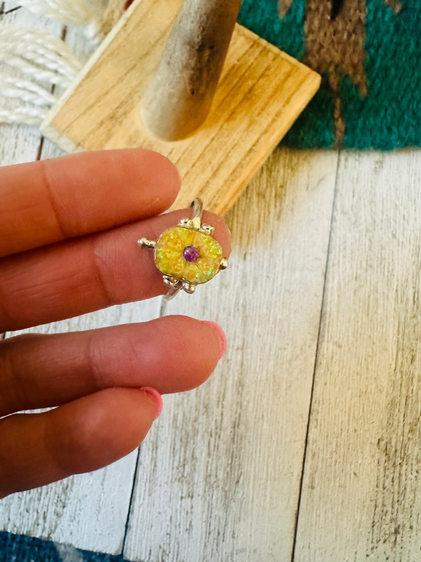 Handcrafted Sterling Silver & Yellow and Pink Opal Turtle Ring Size 8.75