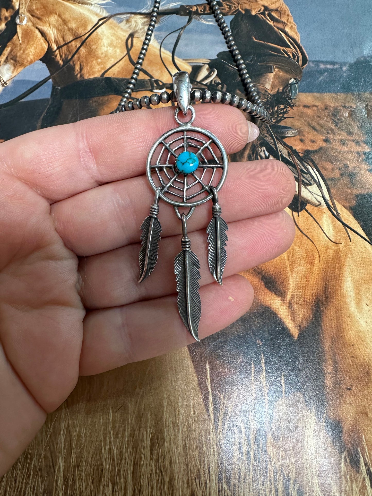 Beautiful Handmade Sterling Silver & Turquoise Dream Catcher pendant