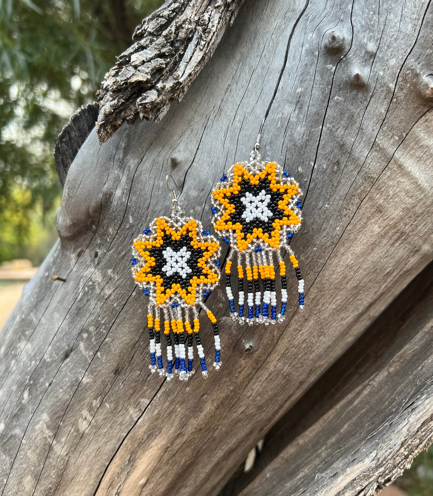 Handmade MultiColor Beaded Dangle Earrings (Yellow, Black, & White)