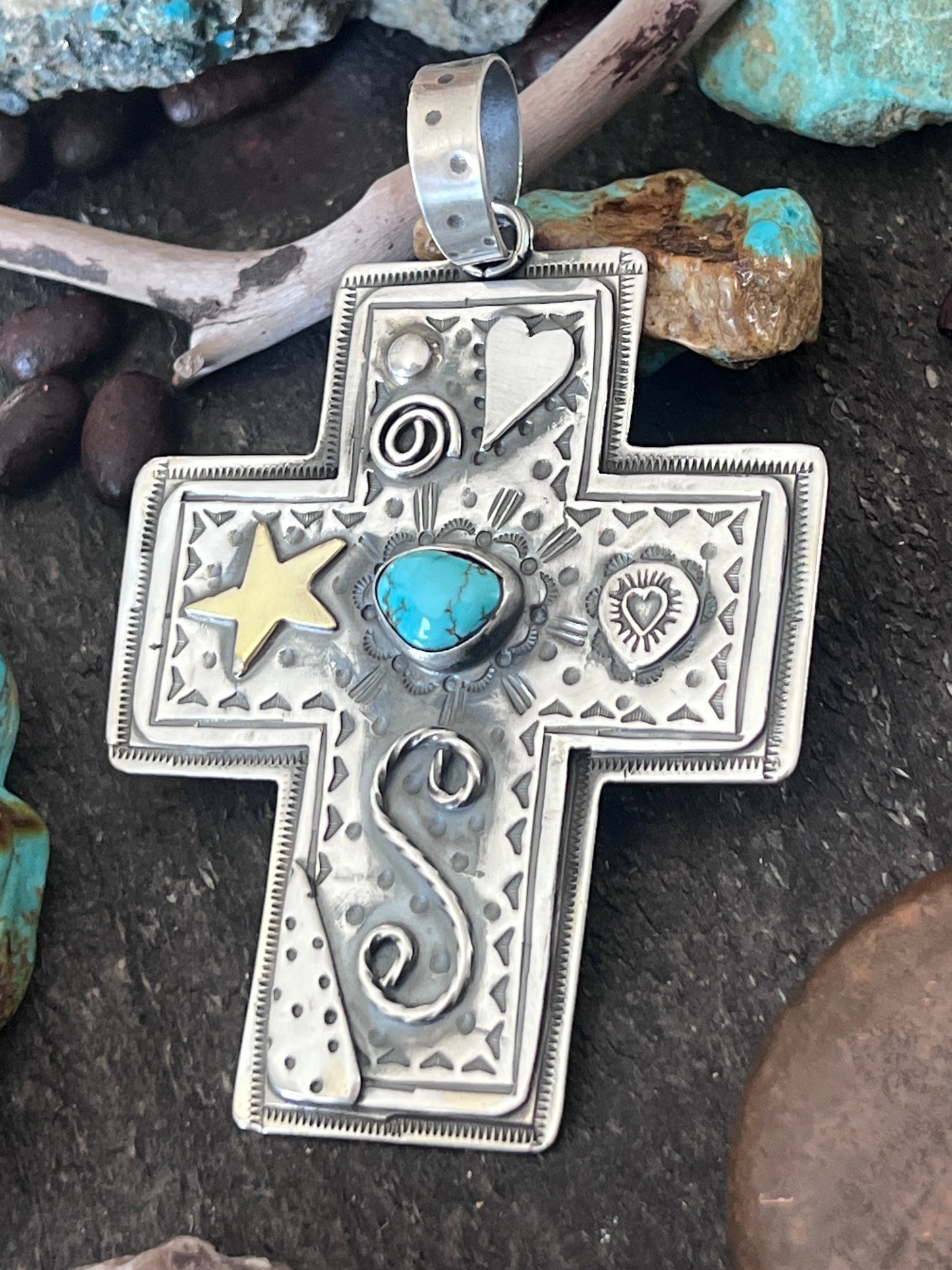 Hand Stamped Sterling Silver & Turquoise Cross Pendant by Kimari Somers
