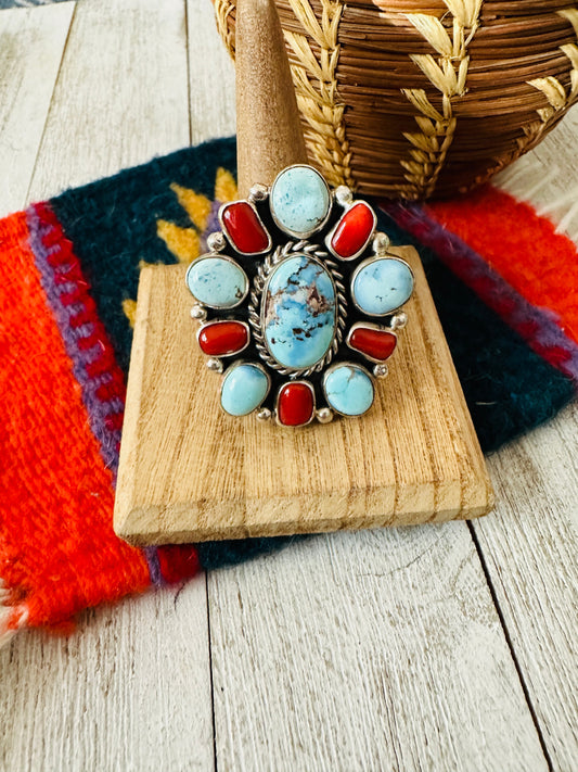 Handcrafted Golden Hills Turquoise, Coral & Sterling Silver Cluster Adjustable Ring