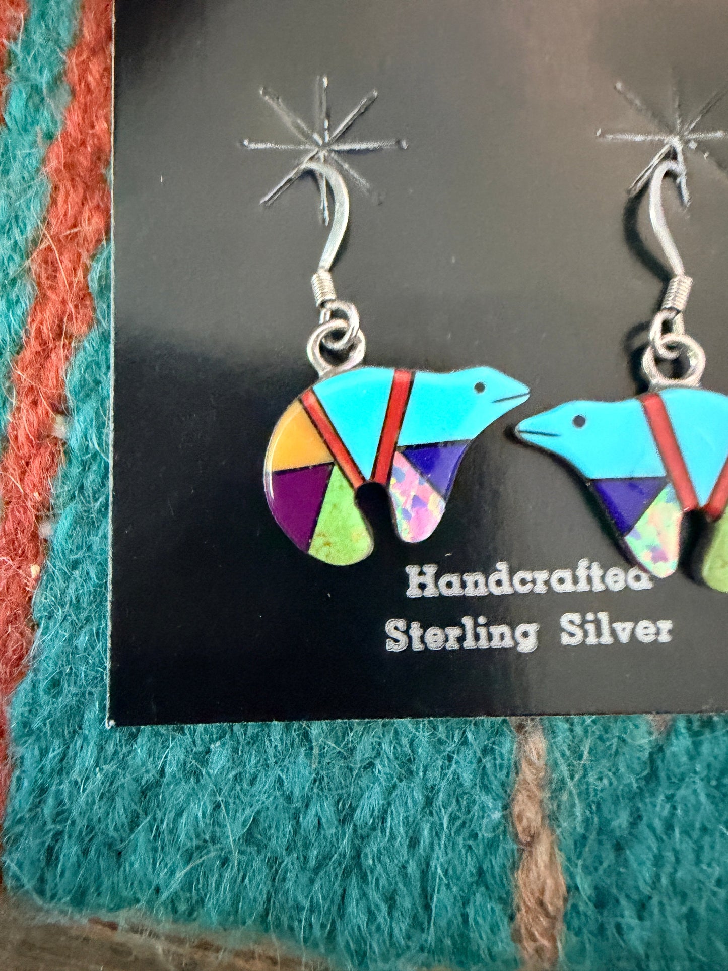 Handcrafted Multi Stone & Sterling Silver Inlay Fetish Bear Dangle Earrings