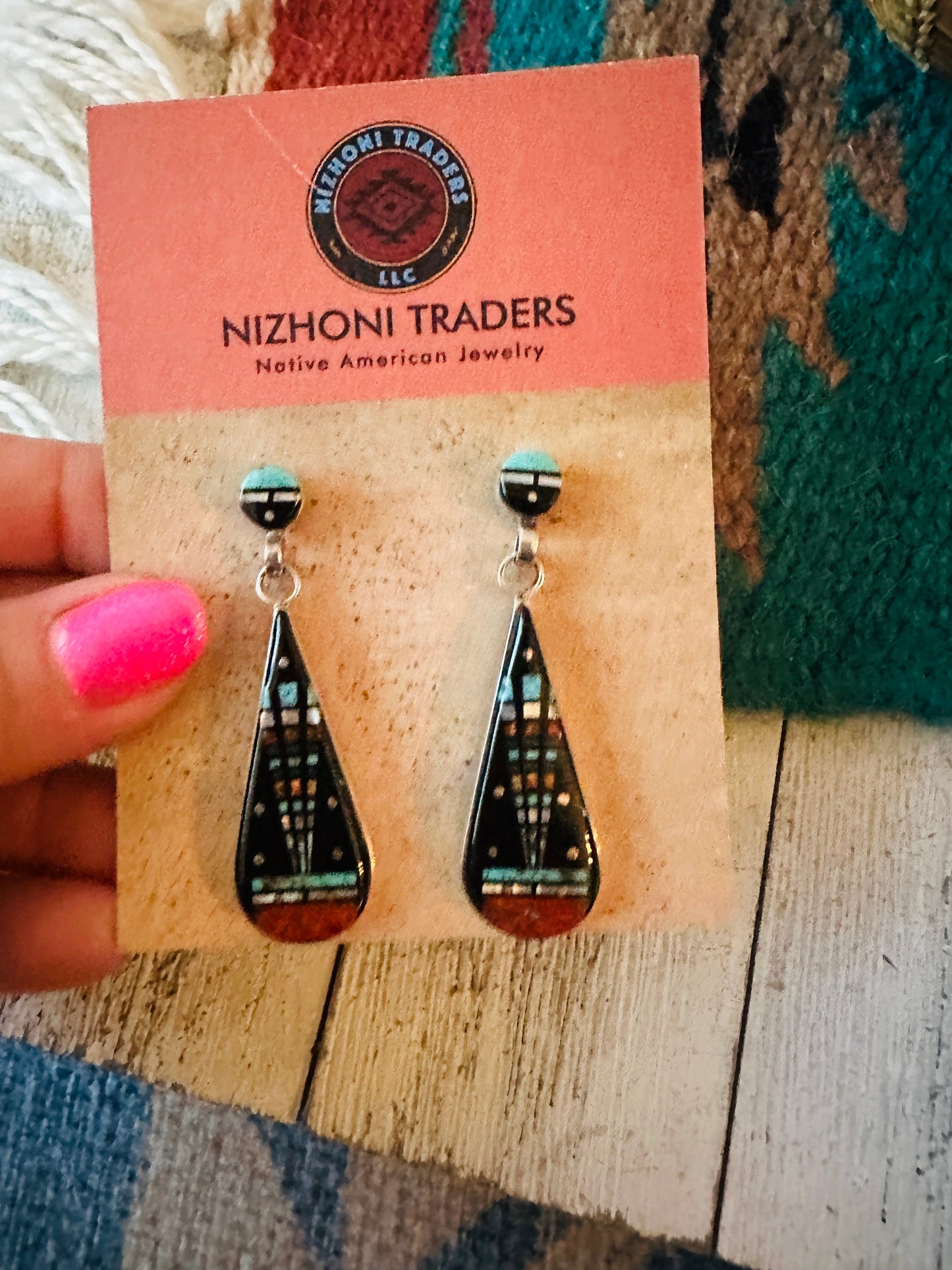 Handcrafted Sterling Silver & Multi Stone Inlay Dangle Earrings