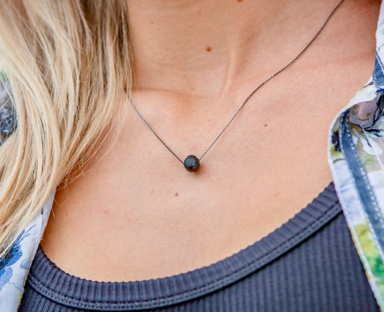 Black Pearl On Sterling Silver Oxidized Chain