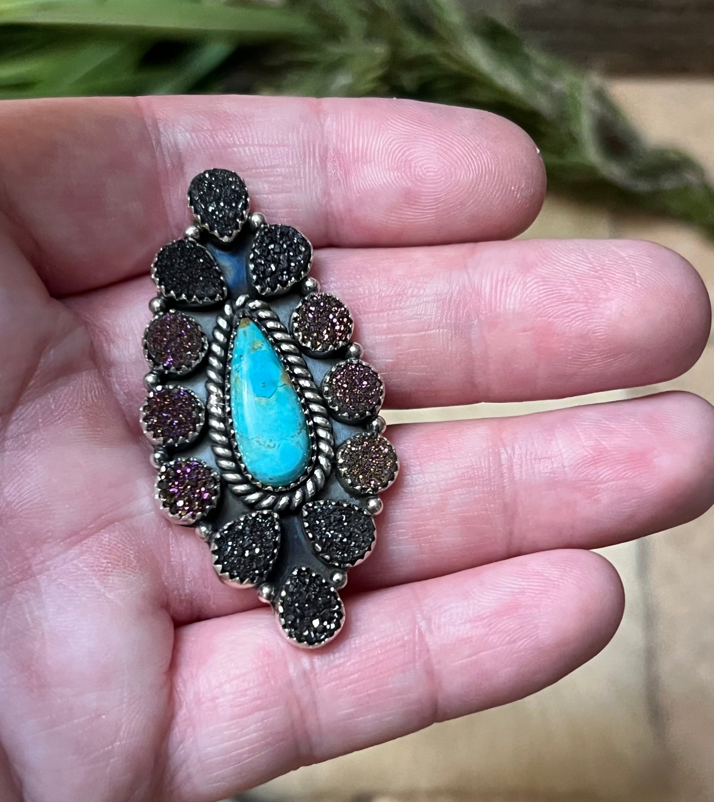 Handmade Sterling Silver Turquoise  with Purple & Black Druzy Adjustable Statement Ring