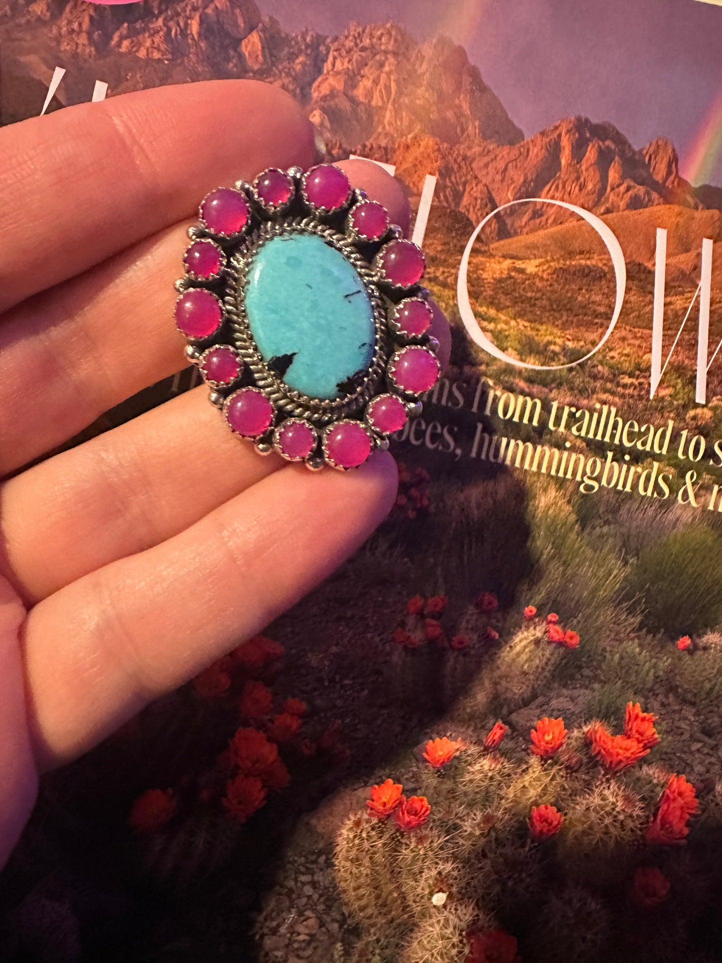 Handmade Sterling Silver Pink Opal, Turquoise Adjustable Ring Signed Nizhoni