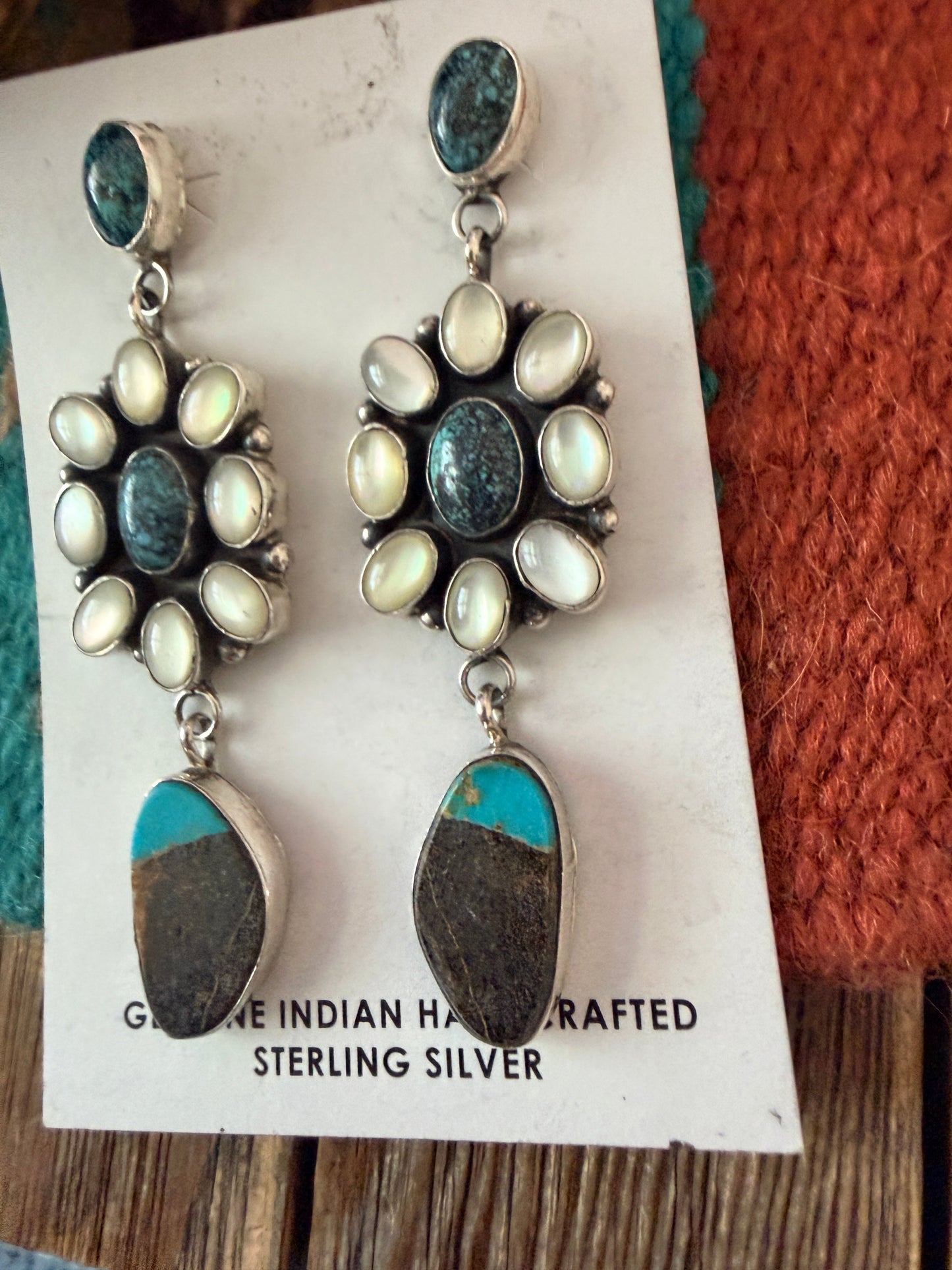 Handcrafted Mother of Pearl, Turquoise & Sterling Silver Dangle Earrings by Jacqueline Silver