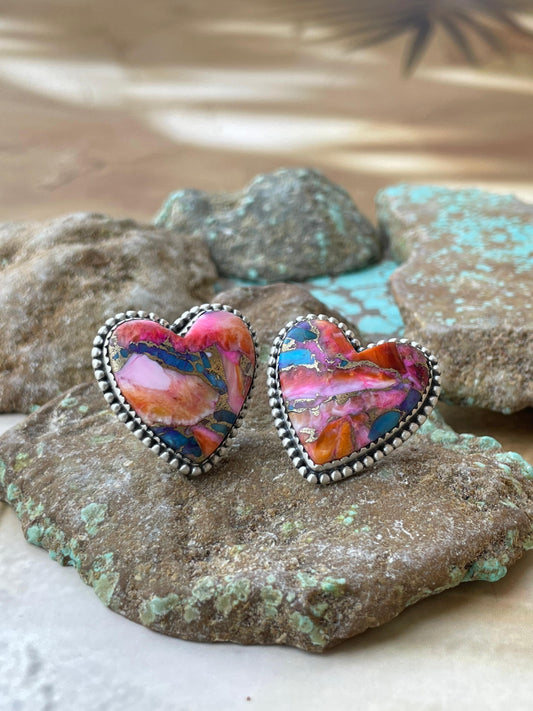 Handmade Pink Dream Mojave and Sterling Silver Heart Earrings Signed Nizhoni
