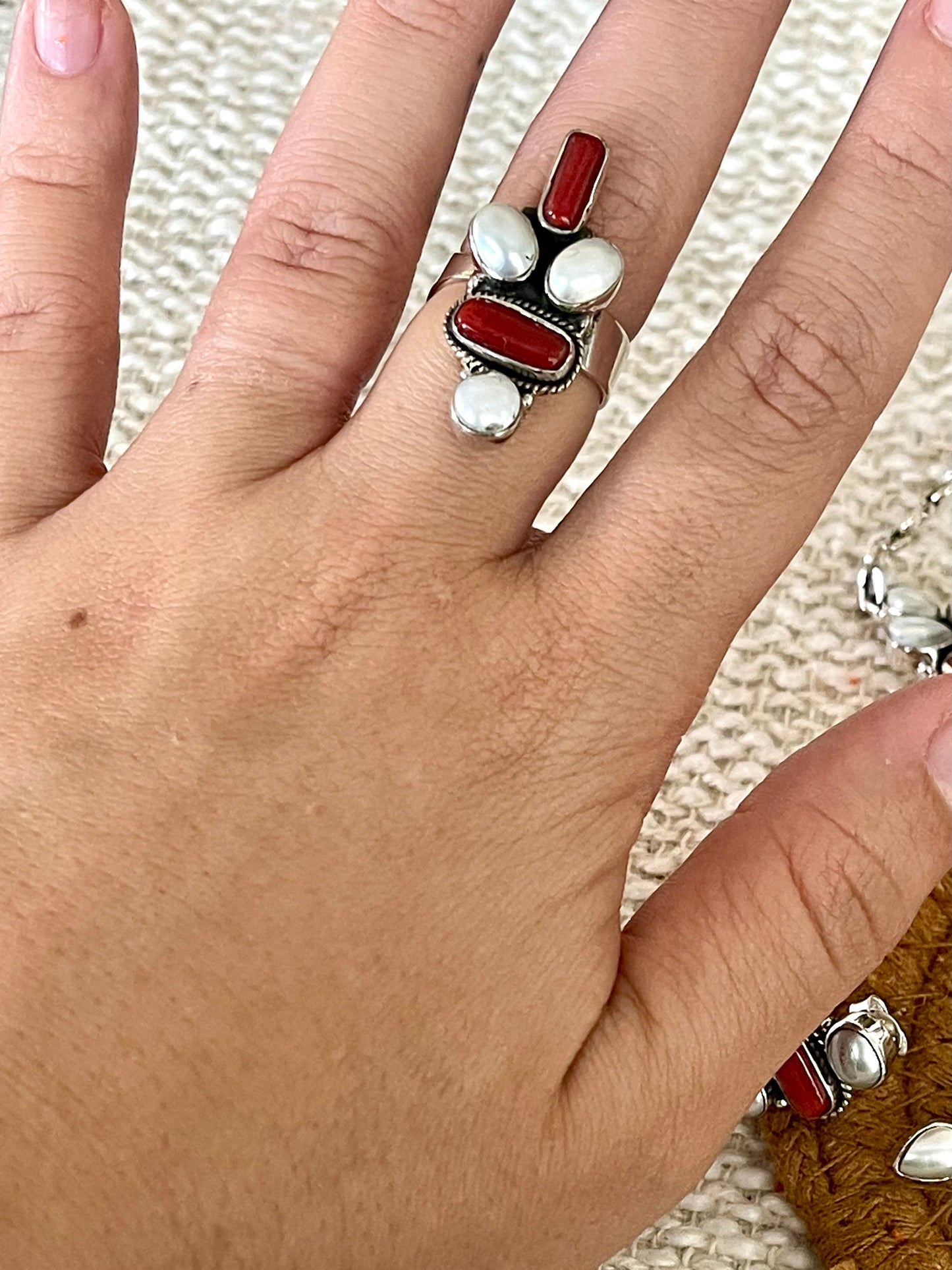 ** 4TH OF JULY ** Handmade Sterling , Silver Synthetic Opal & Coral Necklace, Earring & Ring Set with Signed Nizhoni