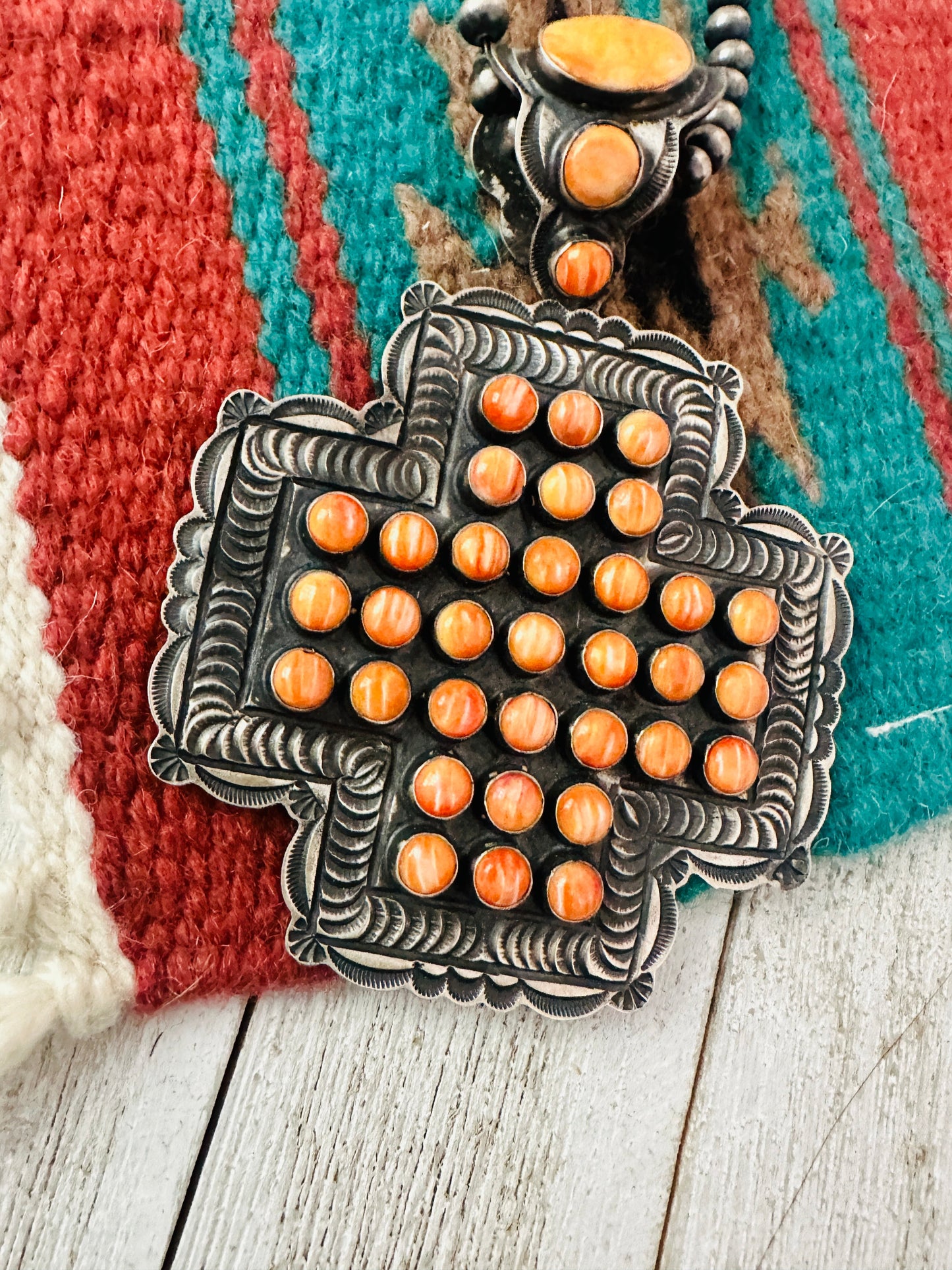 Handcrafted Sterling Silver & Orange Spiny Cross Pendant by Shawn Cayatineto
