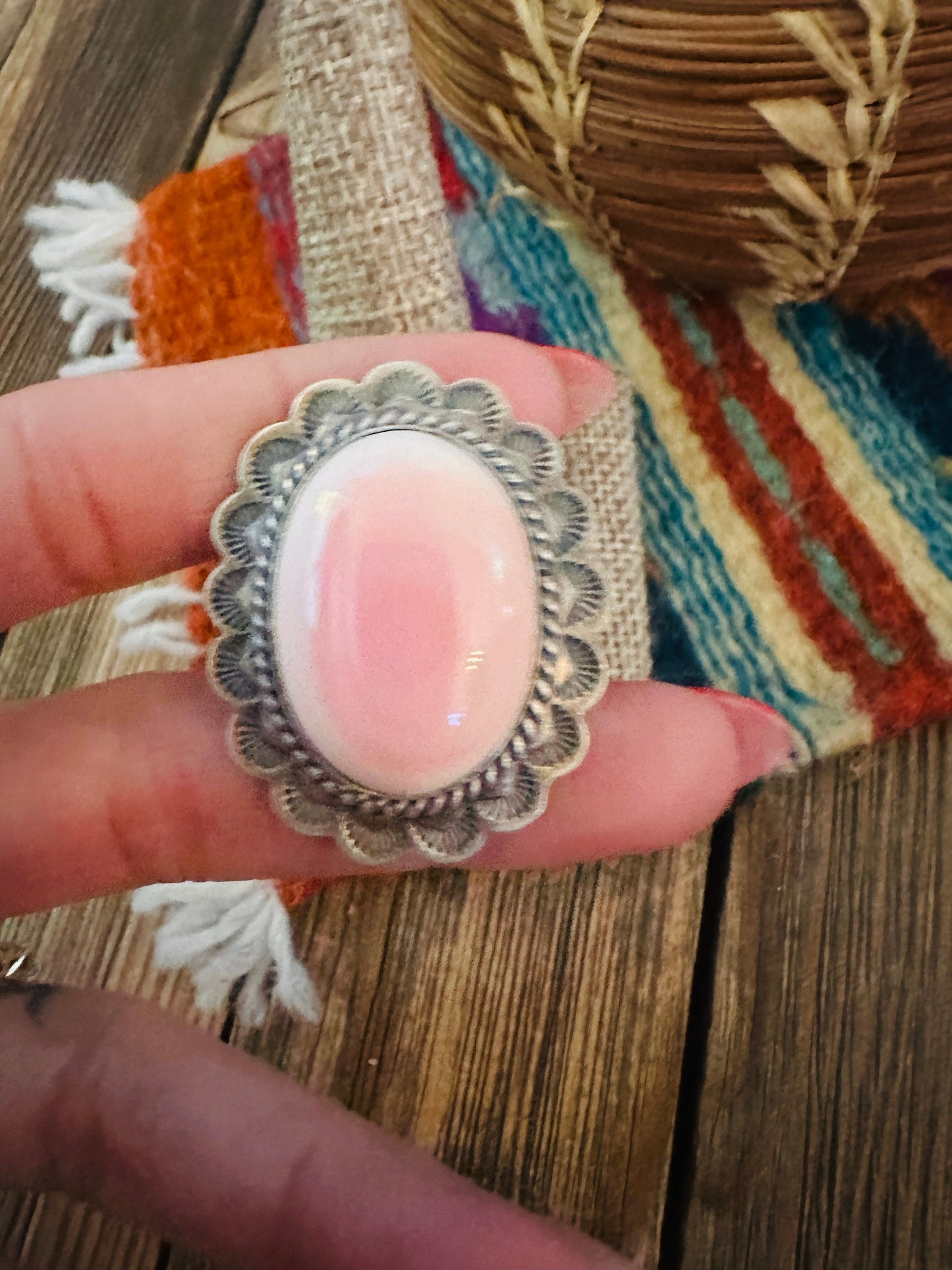 Handcrafted Queen Pink Conch & Sterling Silver Ring Size 8.75