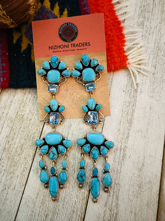 Handcrafted Turquoise, Topaz & Sterling Silver Chandelier Dangle Earrings