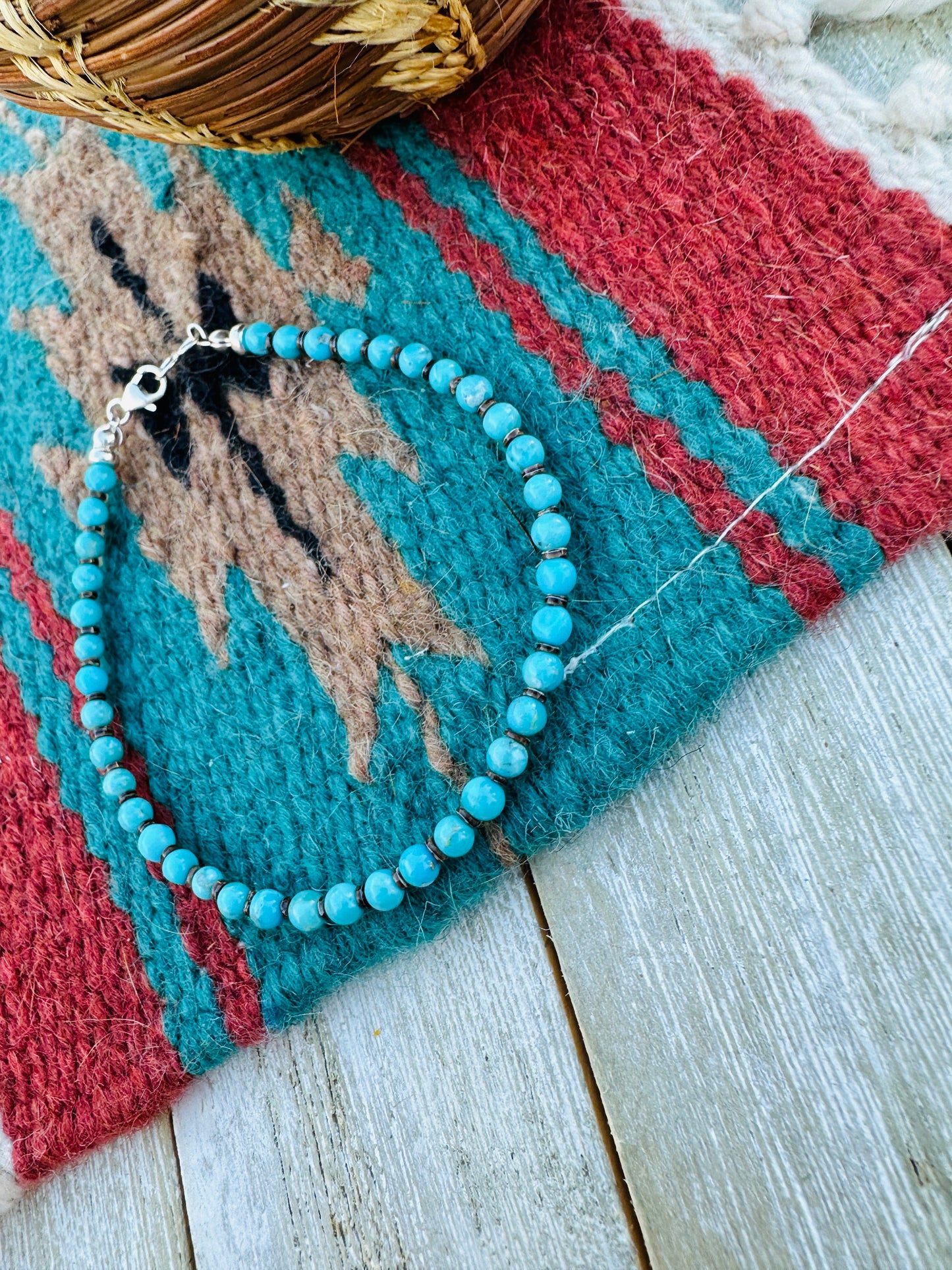 Handcrafted Turquoise & Sterling Silver Beaded Bracelet 7.5"