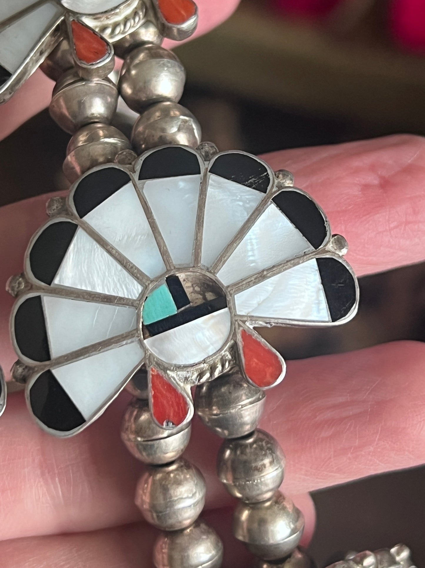 Vintage Old Pawn Sunface Multi Stone & Sterling Silver Beaded Squash Blossom Necklace