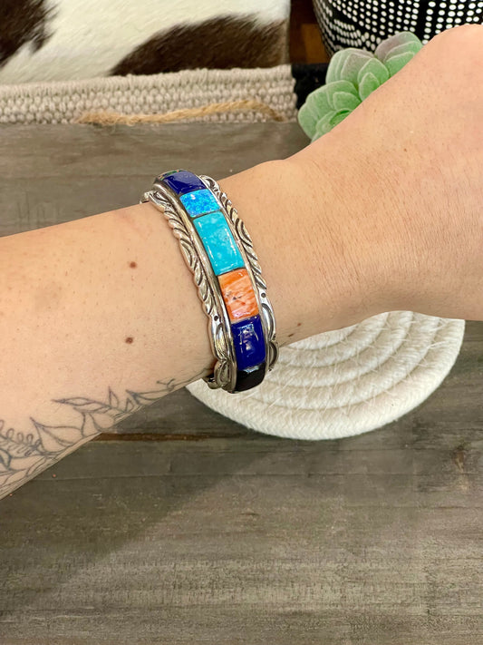 Handmade Sterling Silver Multi Stone Inlay Cuff