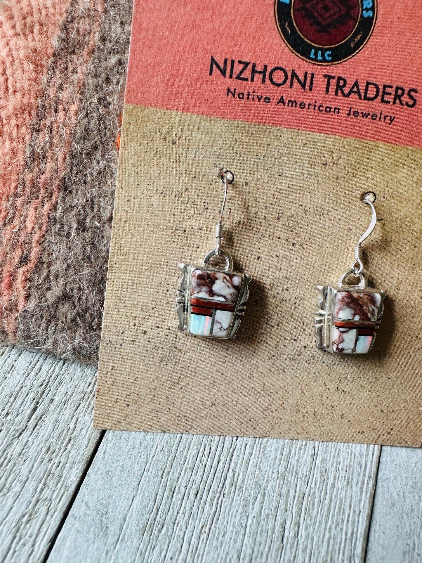 Handcrafted Sterling Silver & Multi Stone Inlay Dangle Earrings