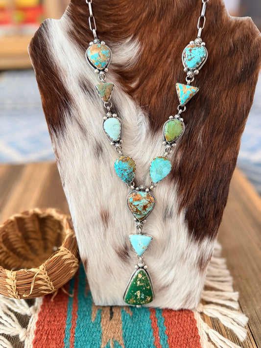 Handcrafted Multi Turquoise & Sterling Silver Lariat Necklace by Bobby Johnson