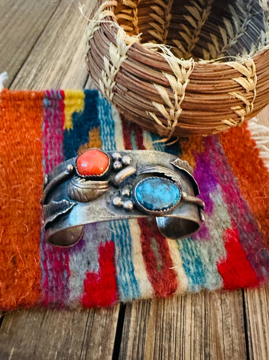 Handcrafted Old Pawn Sterling Silver, Turquoise & Coral Cuff Bracelet
