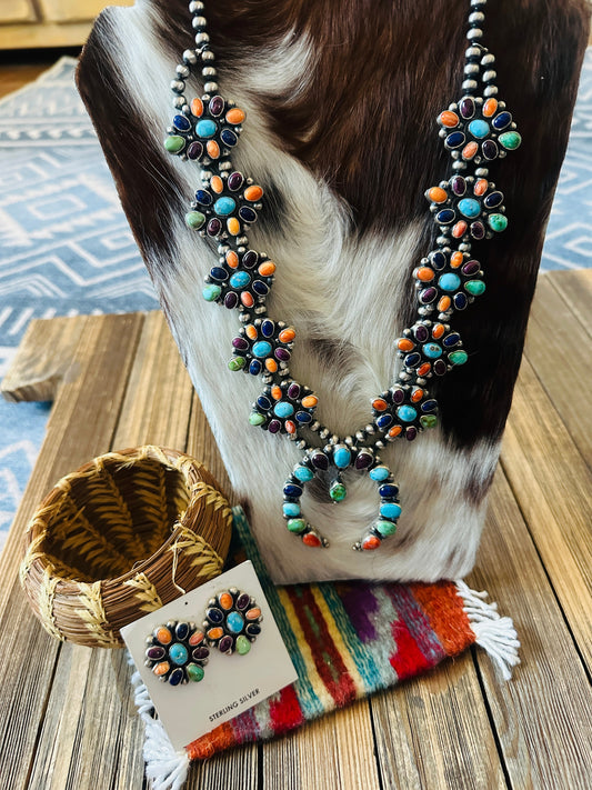 Handcrafted Multi Stone Beaded & Sterling Silver Cluster Necklace and Earring Set by Sheila Becenti