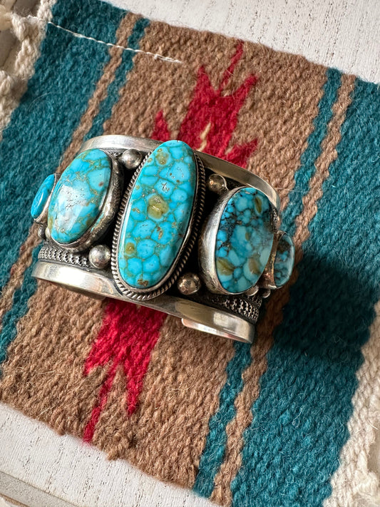 Beautiful Handcrafted Sterling Silver 5 Stone Kingman Webb Turquoise Bracelet Cuff Signed /