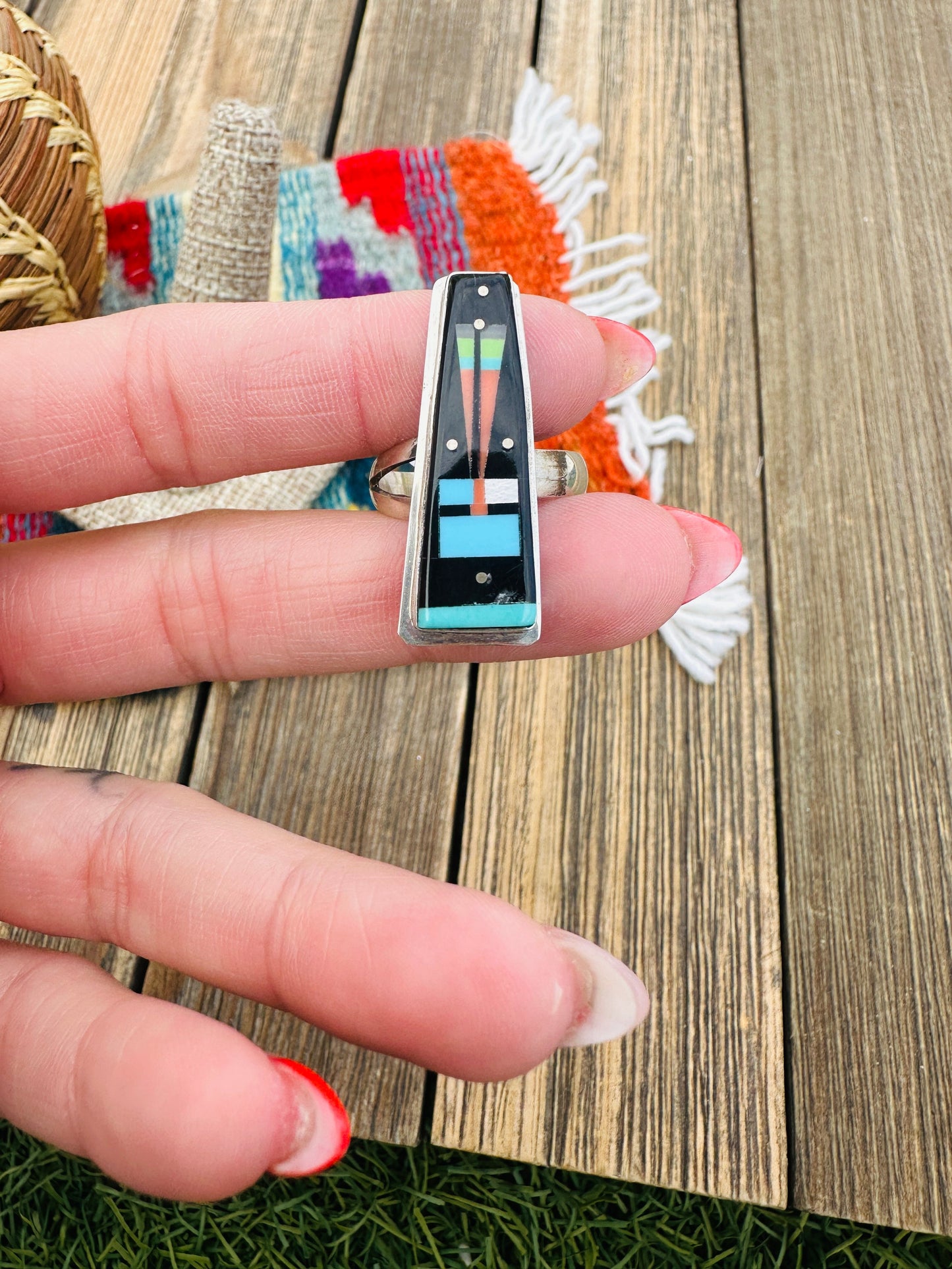 Handcrafted Multi Stone & Sterling Silver Inlay Adjustable Ring by Gilbert Smith