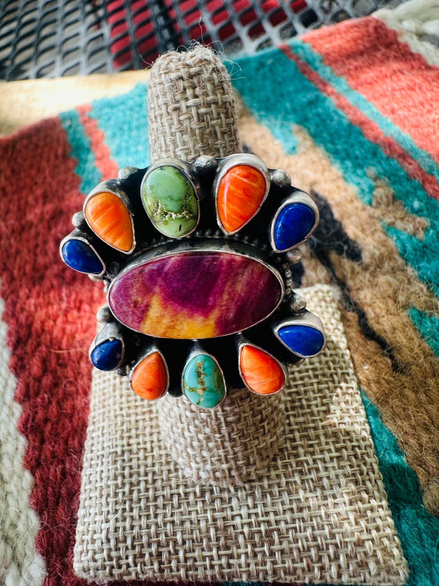Handcrafted Sterling Silver & Multi Stone Cluster Adjustable Ring
