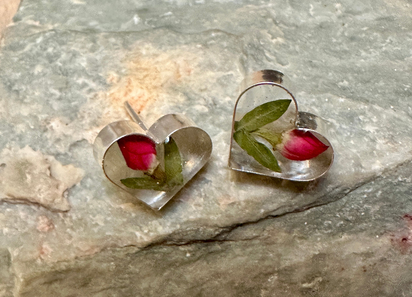 Primavera Rosebud Sterling Silver Earrings Heart on Post