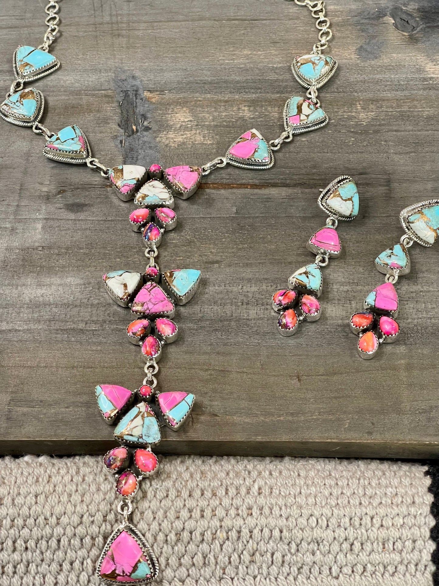 Handmade Cotton Candy , Pink Dream Mojave & Sterling Silver Lariat Necklace Set