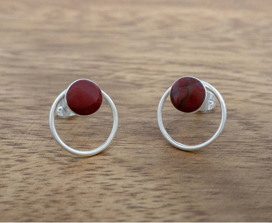 Red Jasper in Circle Frame Sterling Silver Earrings